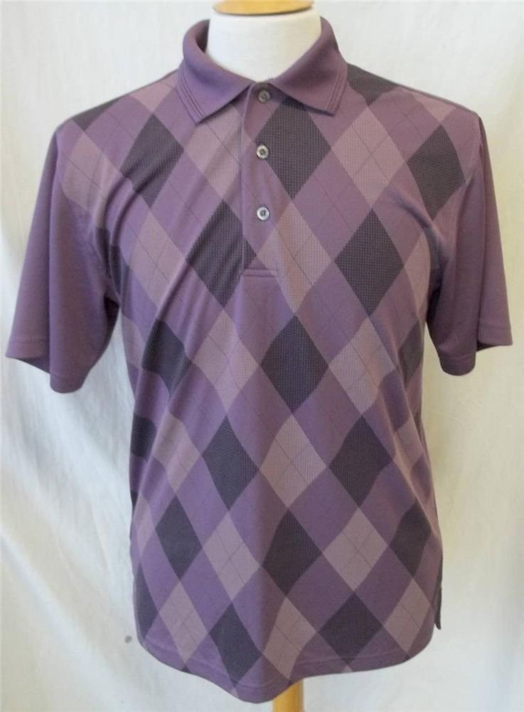 PGA Tour Men's Medium Purple Argyle Design Front SS Polo Golf Collared Shirt
