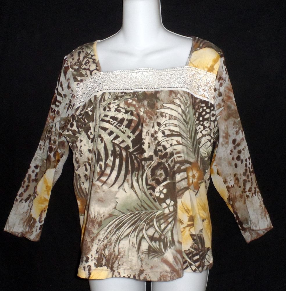 Large 12 14 Caribbean Joe Cotton Brown Olive Blouse Top Sheer 3/4 Sleeves Lace