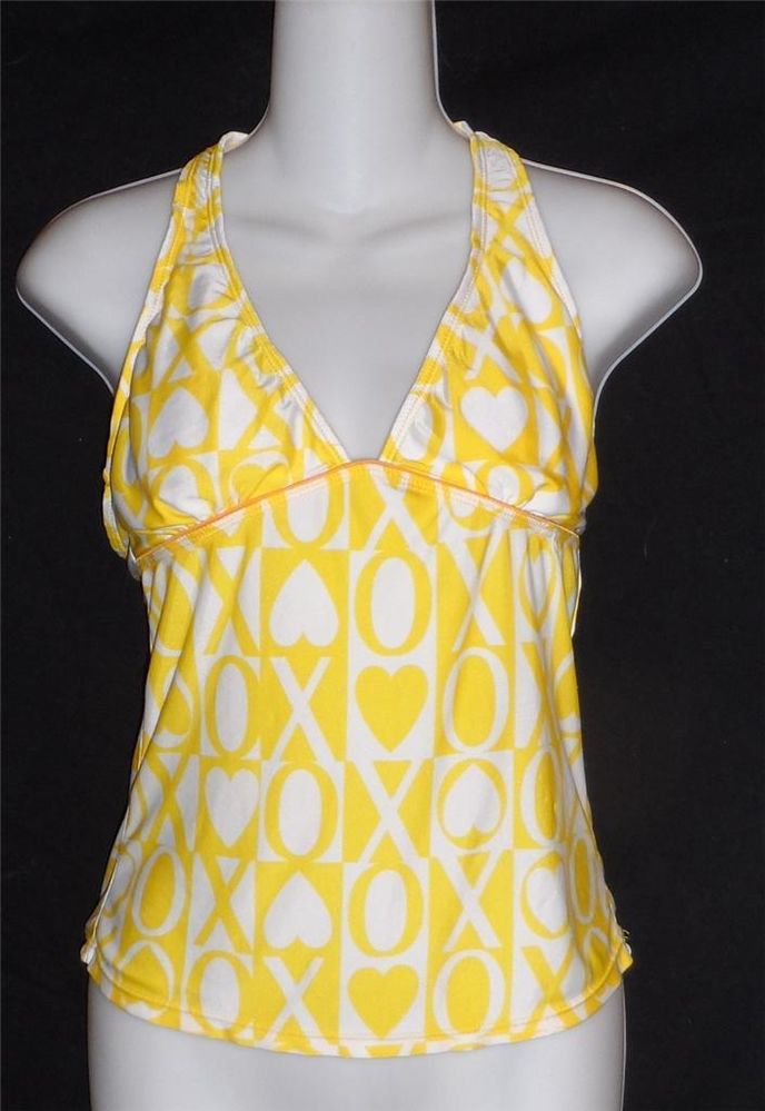 XOXO Junior Medium 7 9 Bright Yellow White V Neck Halter Swimwear Top Tankini
