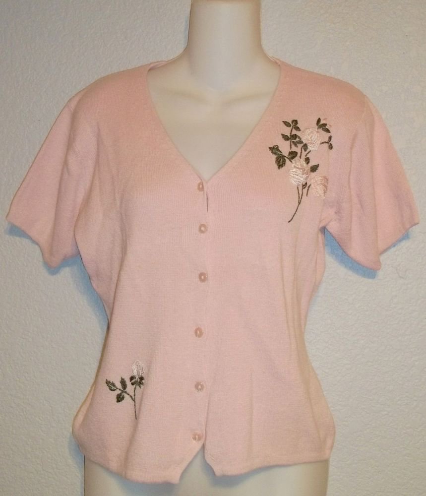 R & K Originals 8 Medium Pale Pink Ramie Cotton Short Sleeve Cardigan Sweater