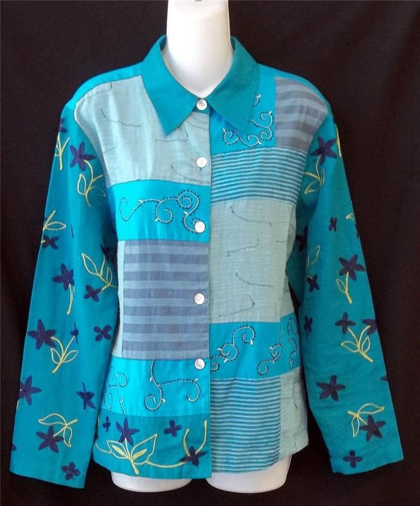 Mirasol Medium 8 10 Aqua Embroidered Patchwork Blouse LS Button Front Shirt