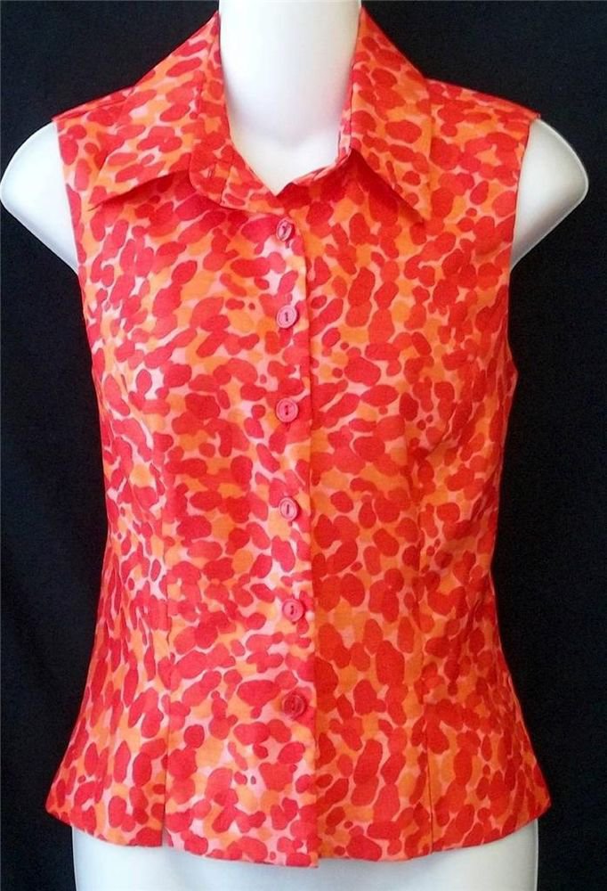 Dress Barn 6 Small Orange Red Silky Sleeveless Button Front Collared Blouse