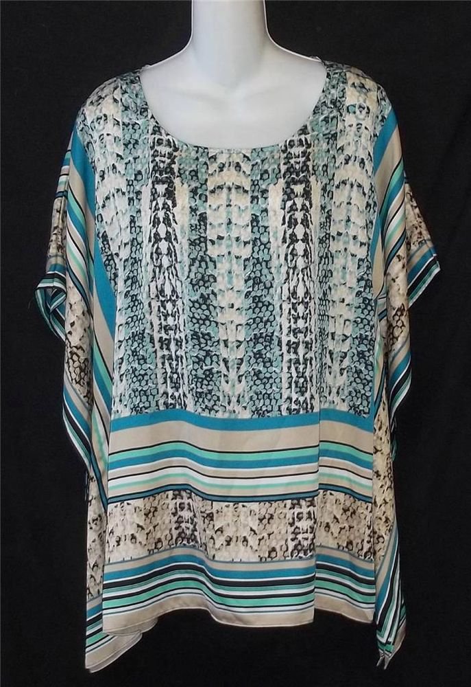 Catalina Collection Aqua White Tan Striped Snakeskin Pattern Batwing Top