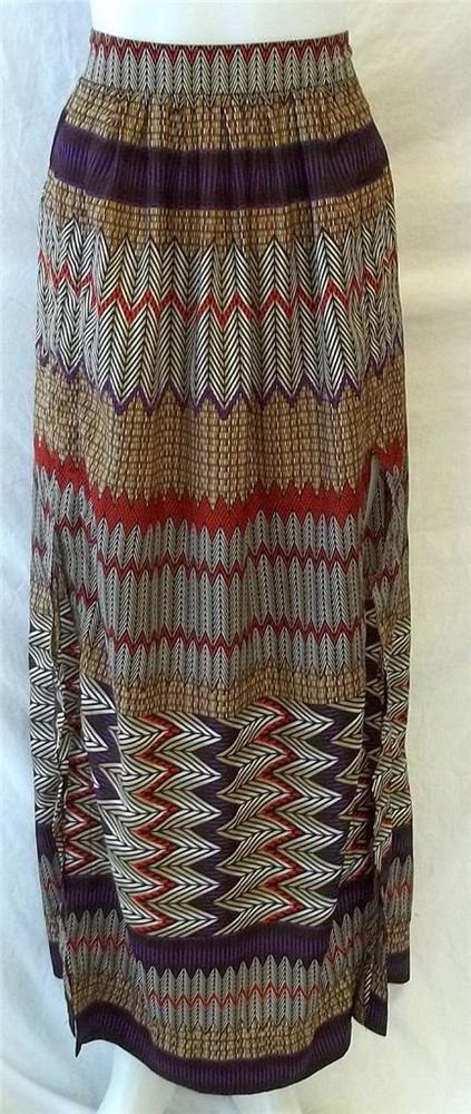 Worthington Small 4 6 Full Length Purple Red Black Tan Chevron High Slit Skirt