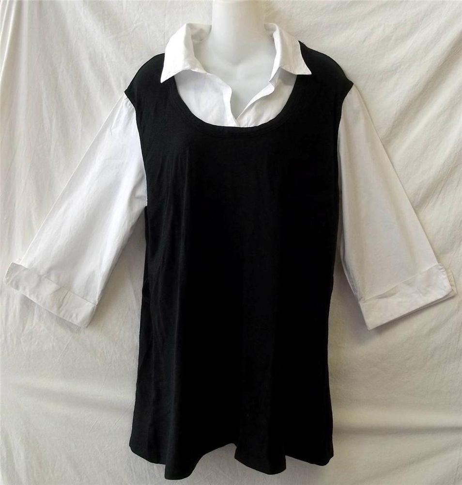 JouJou Plus 2X 18W 20W Black Jersey Tank with Faux White Shirt Career Blouse