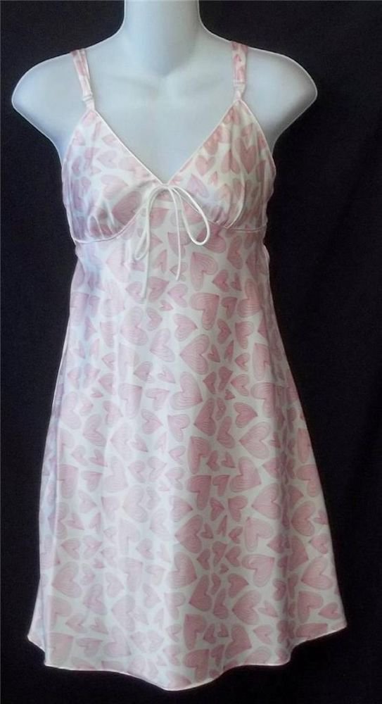 Adonna Medium 8 10 Pink White Hearts Spaghetti Strap Satiny Sleepwear Chemise