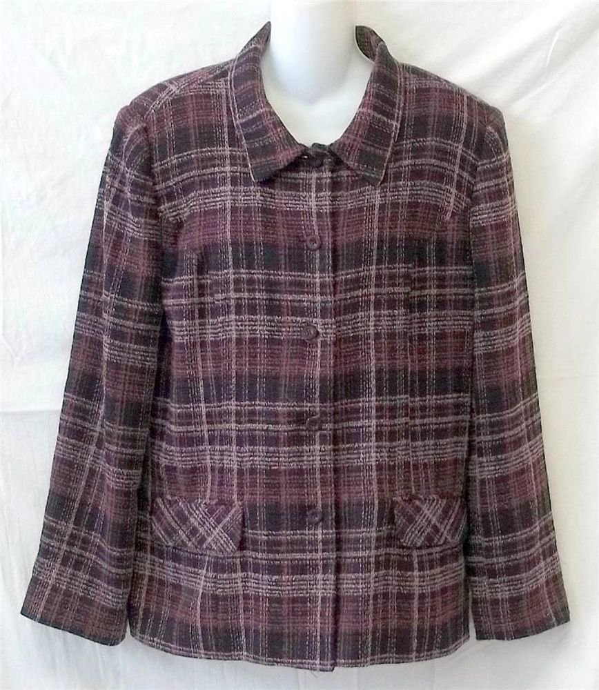 Sag Harbor 10 Medium Purple Plaid Long Sleeve Button Front Lined Jacket Coat