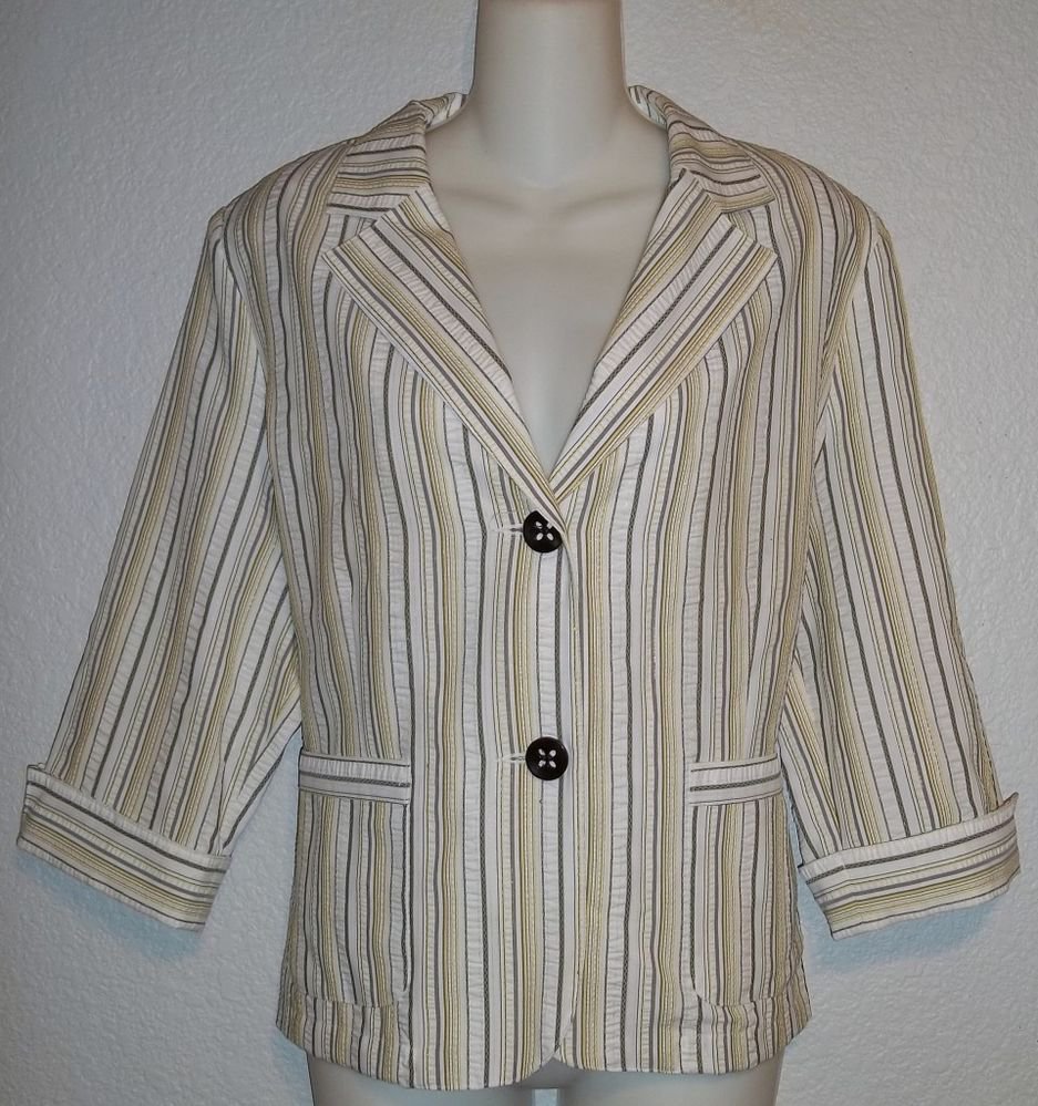 Tan Jay 12 Large White Gray Yellow Metallic Thread Stripe 3/4 Sleeve Blazer