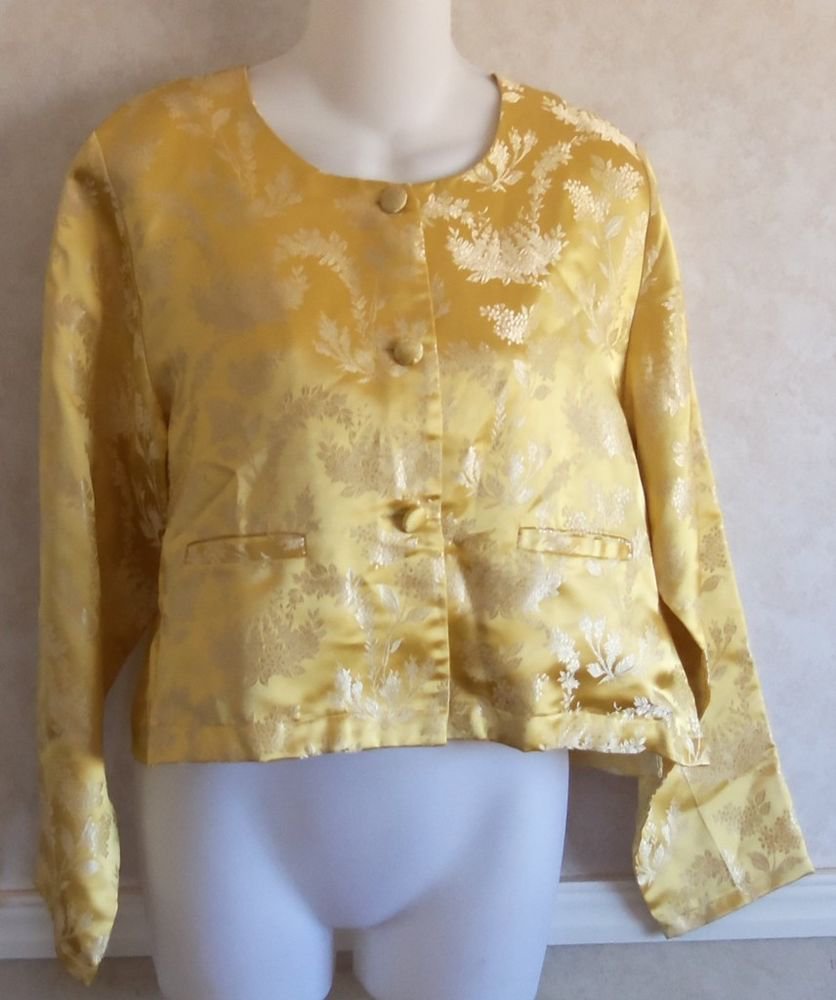 April Cornell Small 4 6 Gold Oriental Asian Silky Brocade Style LS Jacket Top