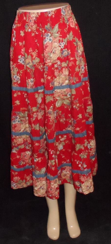 Koret City Blues Small 4 6 Red Pink Green Roses Vintage '80s Tiered Broom Skirt