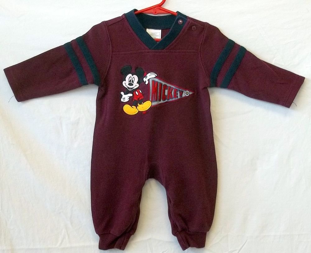 Mickey Mouse 6 Months Infant Maroon Navy Stripes LS One Piece Sleeper Outfit