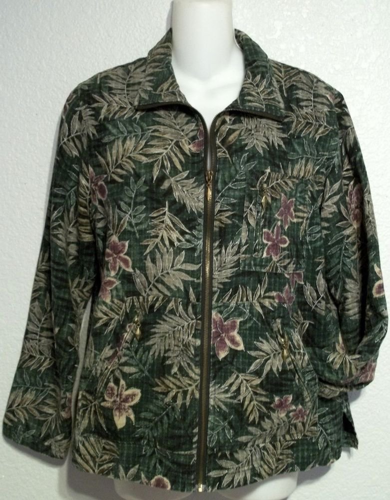 Keren Hart Small 4 6 Forest Green Floral Silk Zipper Lined Long Sleeve Jacket