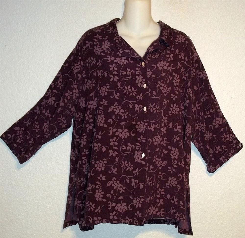 Yazdi XL 16 18 Extra Large Dark Lavender Floral 100% Rayon 3/4 Sleeve Blouse Top