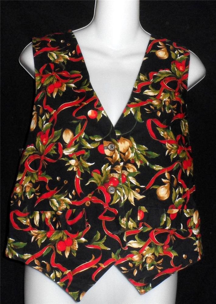 Hand Made Large 12 14 Reversable Black Christmas Holly Acorn V Neck Cotton Vest