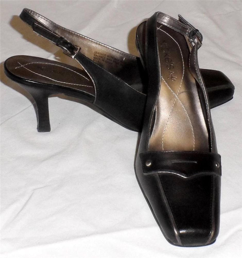 Nickels Soft 6 M B Black Silver Trim Sling Back Square Toe 3" Spool Heel Shoes