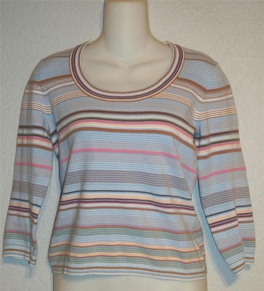 Old Navy Medium 8 10 Blues Beige White Striped Scoopneck Stretchy Knit Top