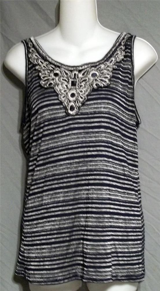 Medium 8 10 Agenda Dark Navy Blue Silver Stripe Long Tank Top Embellished Neck