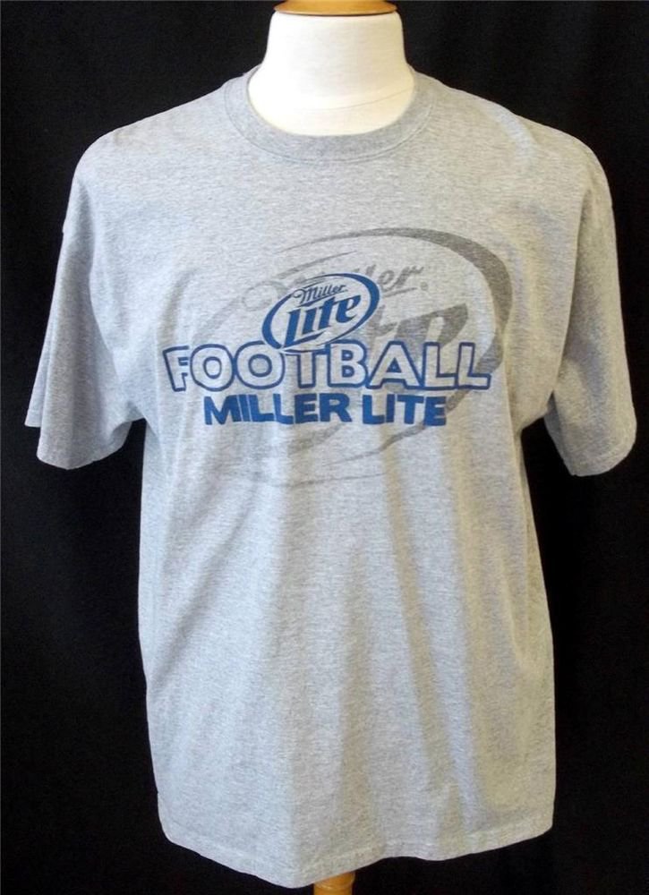 Gildan Men's XL Gray Blue Miller Lite Beer Football Cotton Short Sleeve T Shirt