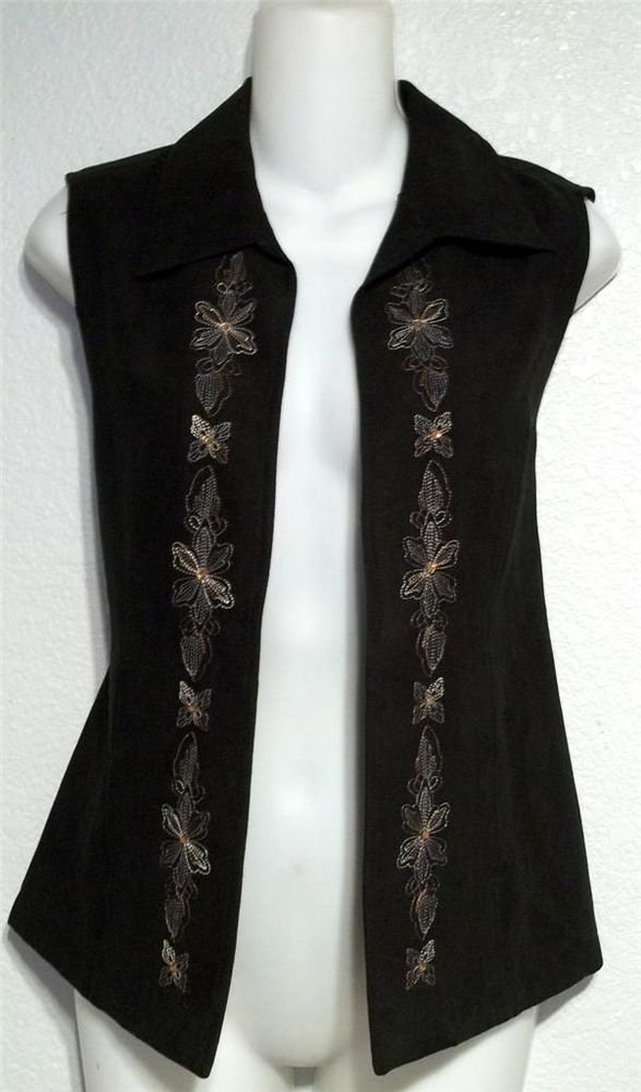 Birch Hill Small 4 6 Black Suede-feel Floral Embroidered Sleeveless Vest