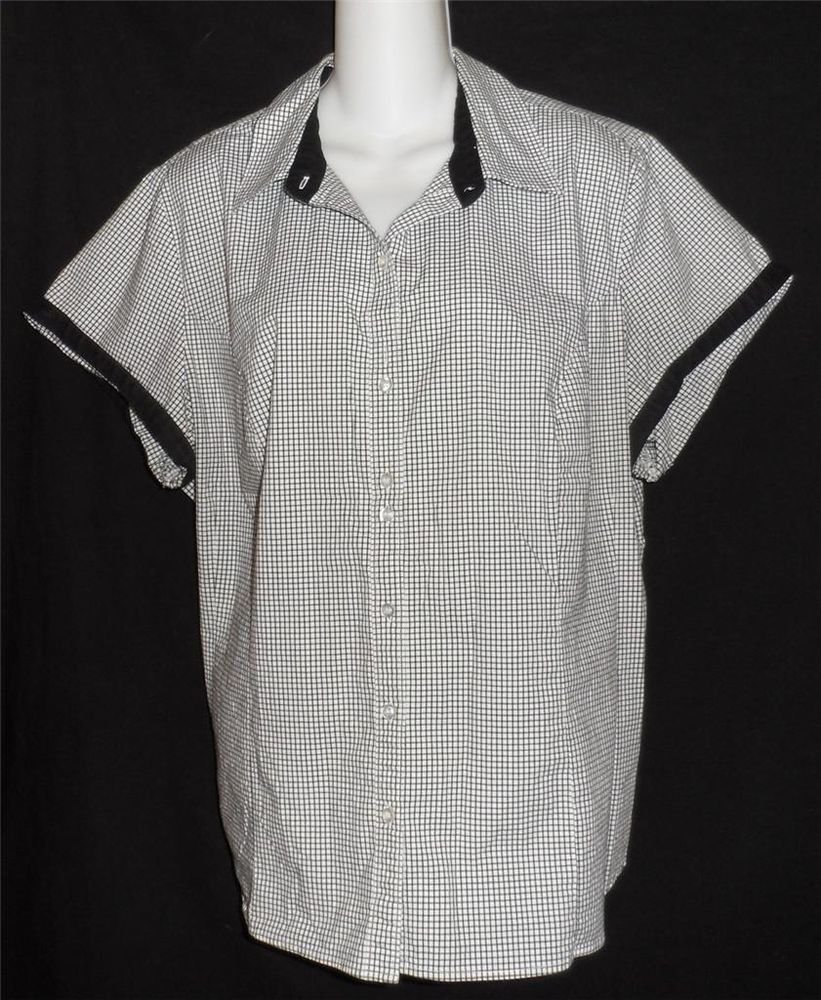 Riders Instantly Slims 2X 18W 20W XXL Black White Checked Blouse SS Button Top