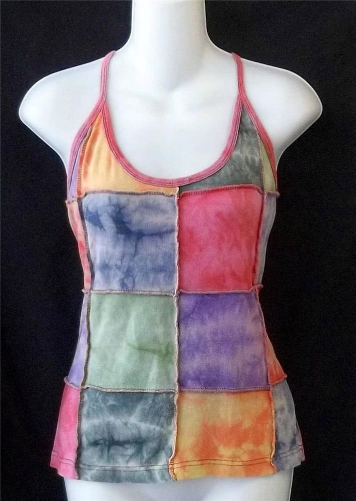 M L 8 10 12 14 Kathmandu Patchwork Tie Dye Boho Spaghetti Strap Cotton Tank Top