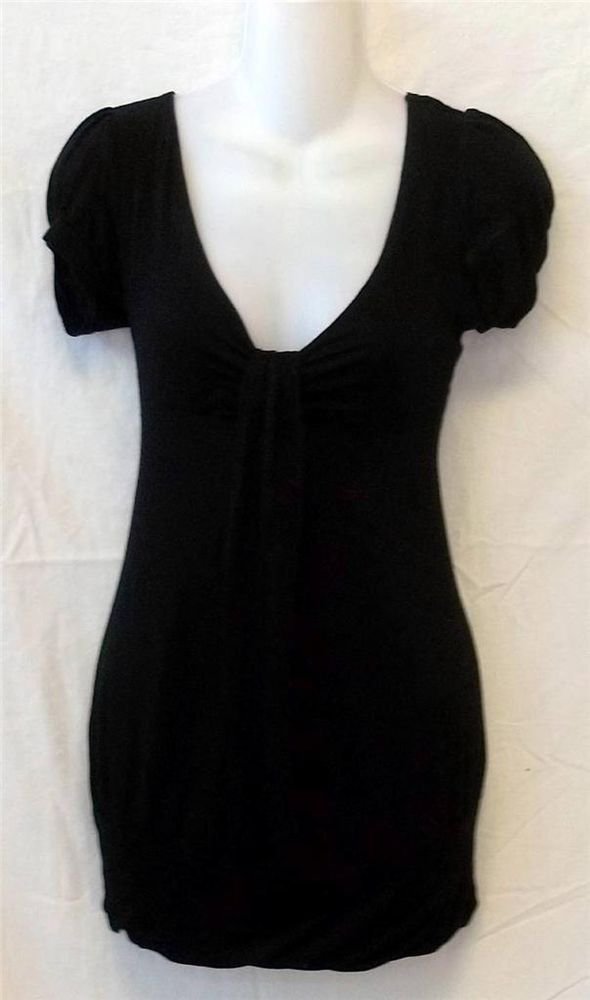 Small 4 6 American Dream Black Puff Sleeve V Neck Empire Stretchy Top Blouse