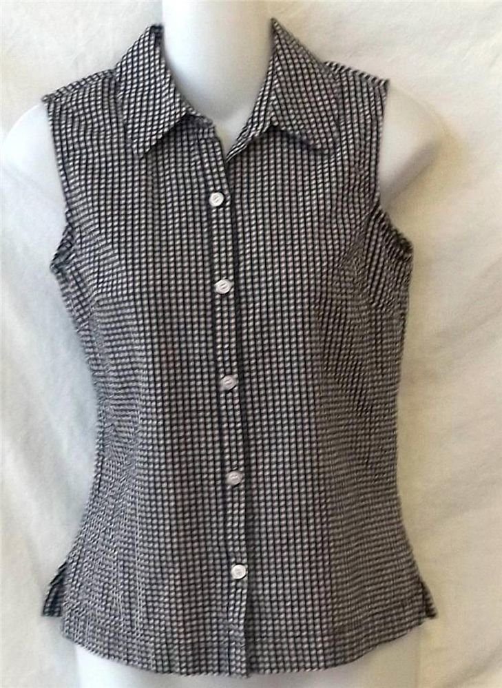 Small 4 6 Villager Sport Black White Checked Collared Sleeveless Casual Blouse