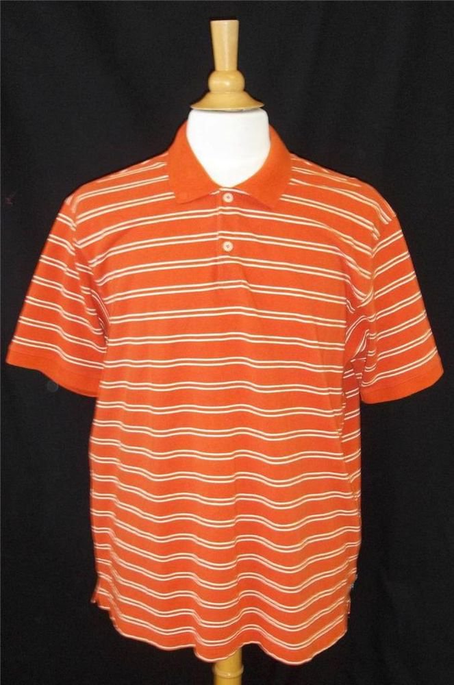 Eddie Bauer Men's Orange White Striped 100% Cotton SS Polo Golf Collared Shirt