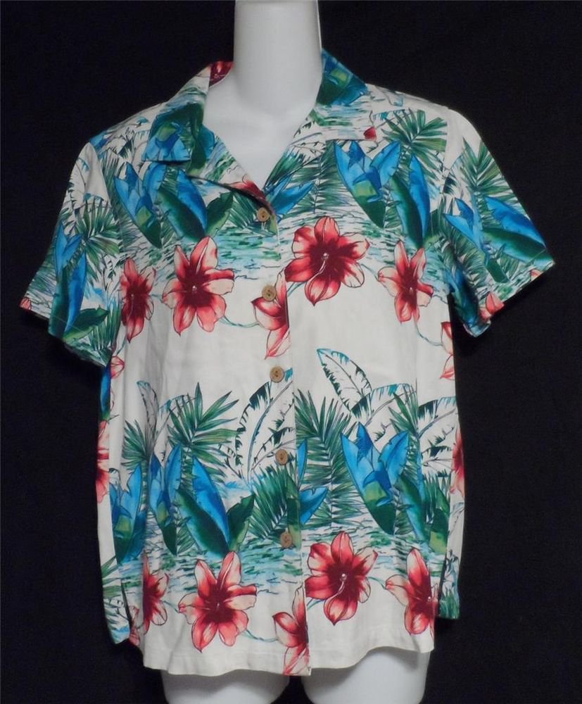 Karen Scott Sport Medium 8 10 Hawaiian Floral SS Rayon Camp Shirt Blouse Top