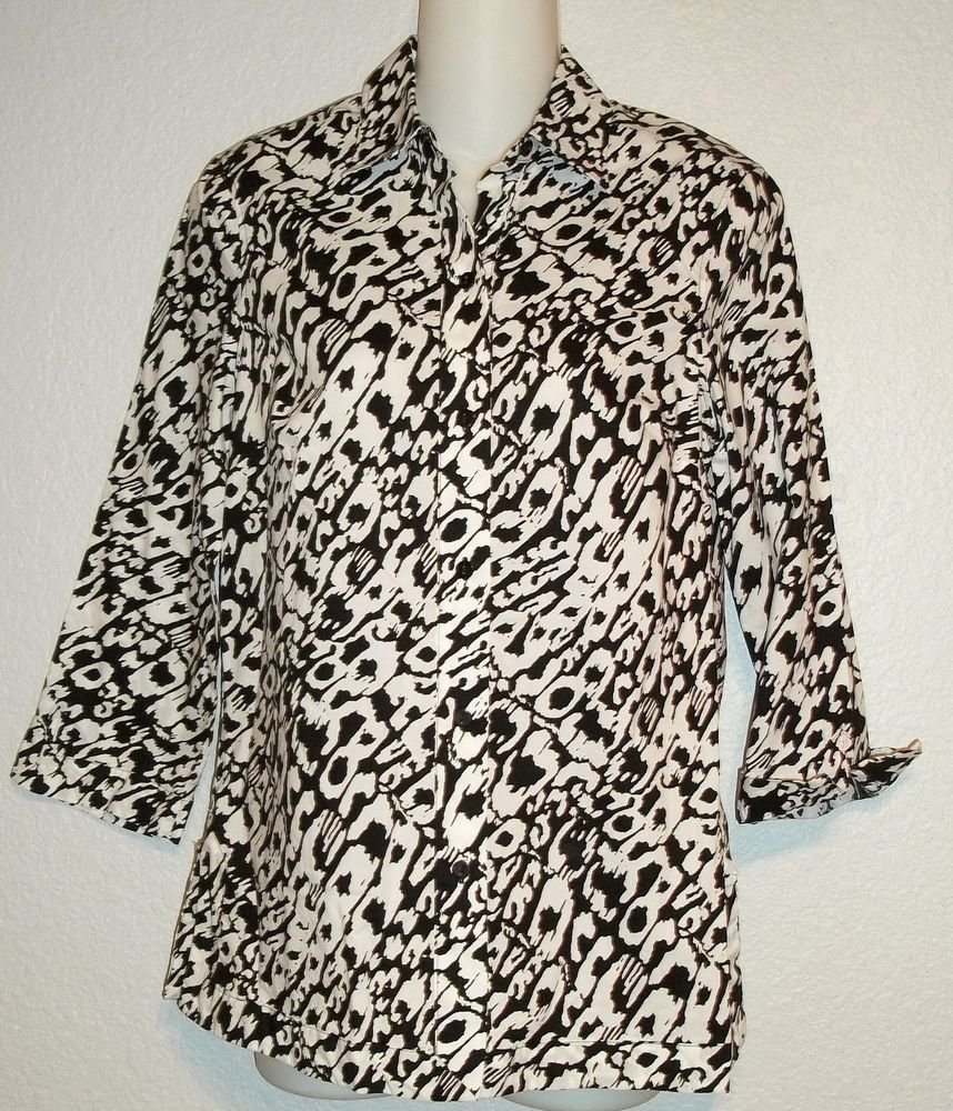Liz Claiborne Small 4 6 Black White Pattern 3/4 Sleeves 100% Cotton Blouse Top