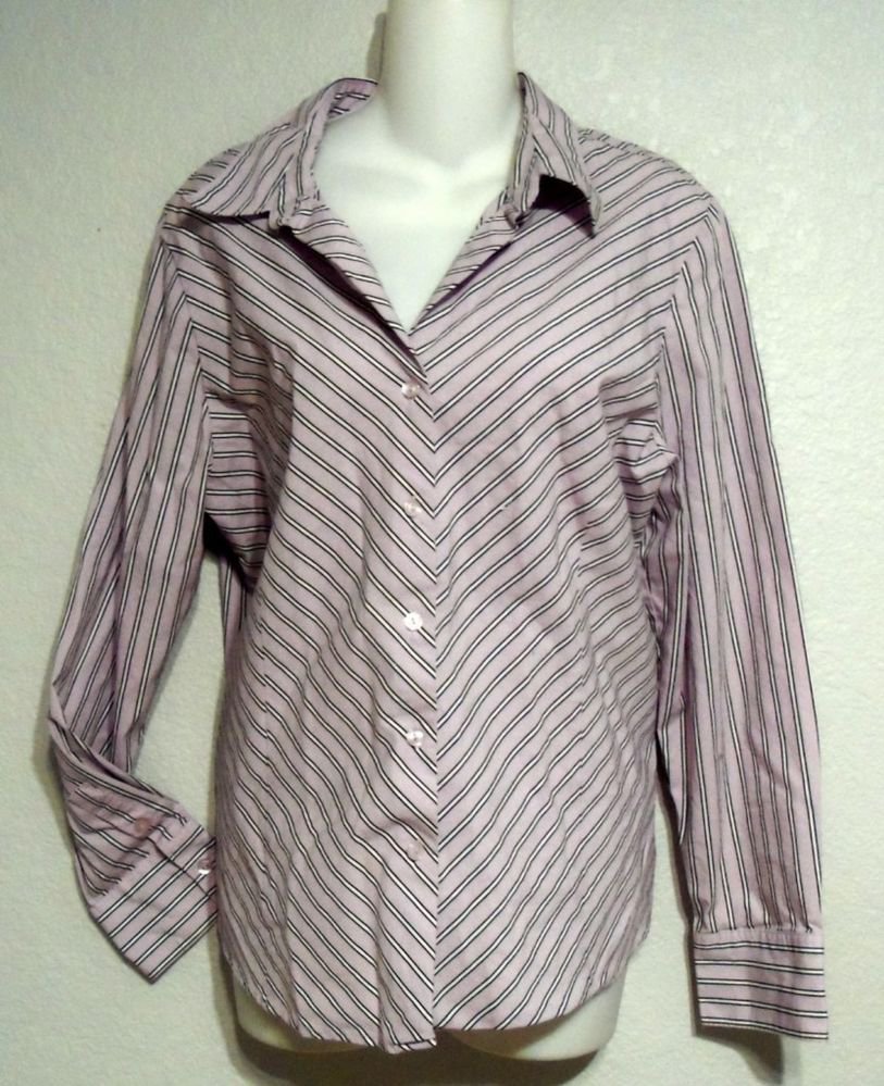 George Stretch XL 16 18 Long Sleeve Lavender Striped Button Front Blouse Shirt