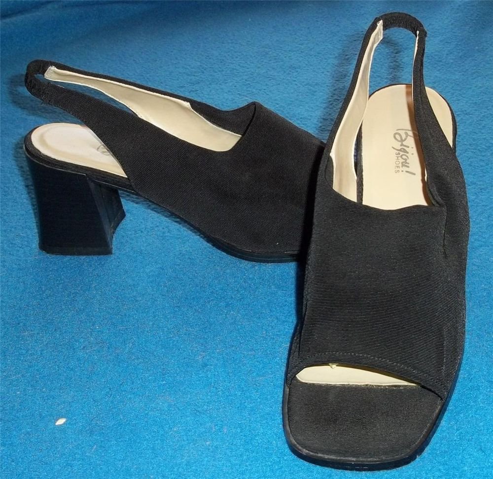Bijou Shoes 8 Medium B Black Faille Chunk 2-1/2" Heel Sling Back Open Toe