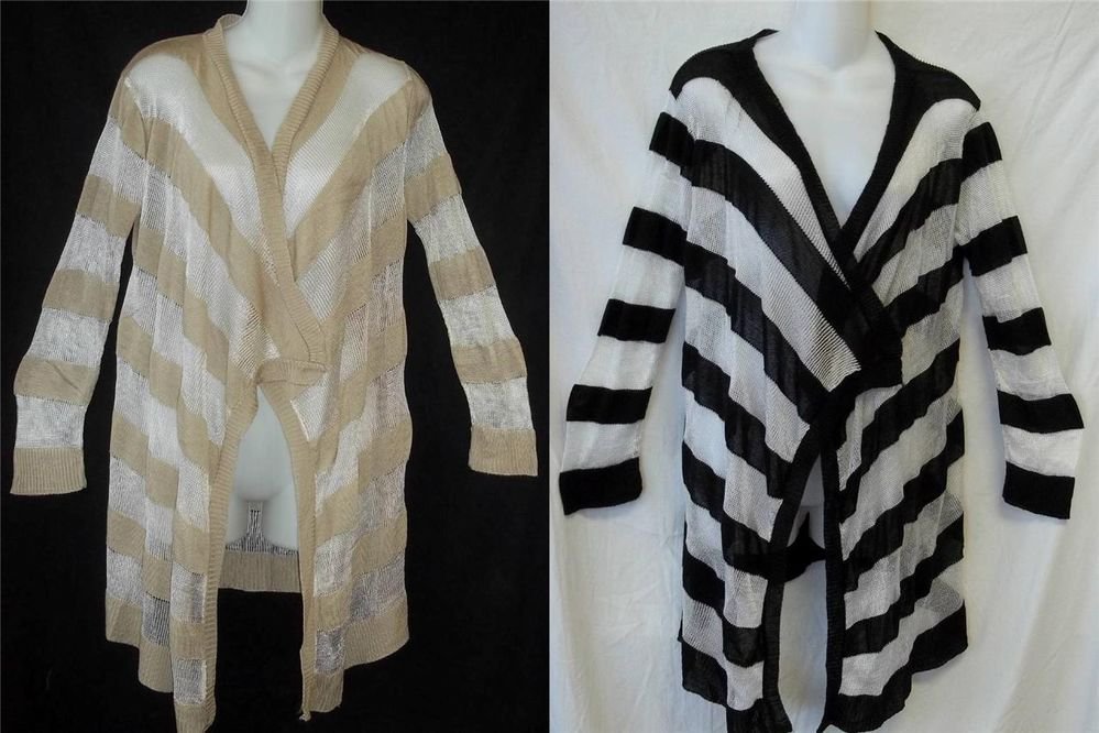 NEW Say What? Mesh LS Black 3X or Tan 1X 3X White Striped Open Cardigan Sweater