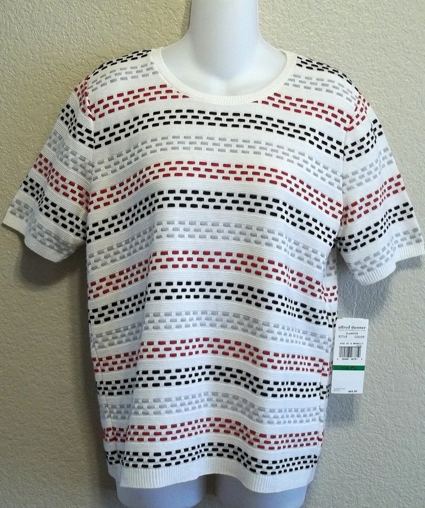 NEW alfred dunner Petite PL & PXL White Red Black Gray Pullover Casual Sweater