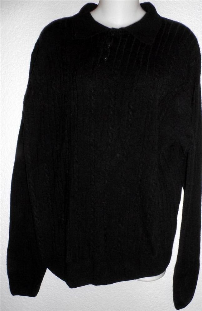 Geoffrey Beene Men's Large 48 Black Faux Cable Ribbed LS Polo Golf Sweater
