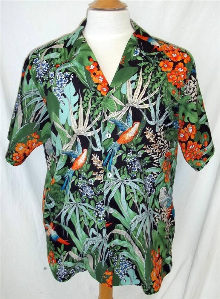 bubi's Mens Vintage Large Black Green Hawaiian Floral SS Camp Shirt Button Front