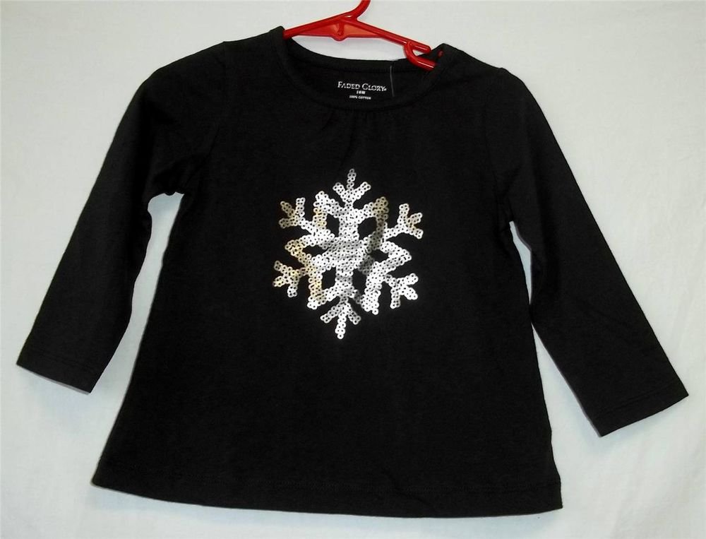 NEW Faded Glory 18M Girl Black LS T-Shirt Silver Snowflake Christmas Shirt