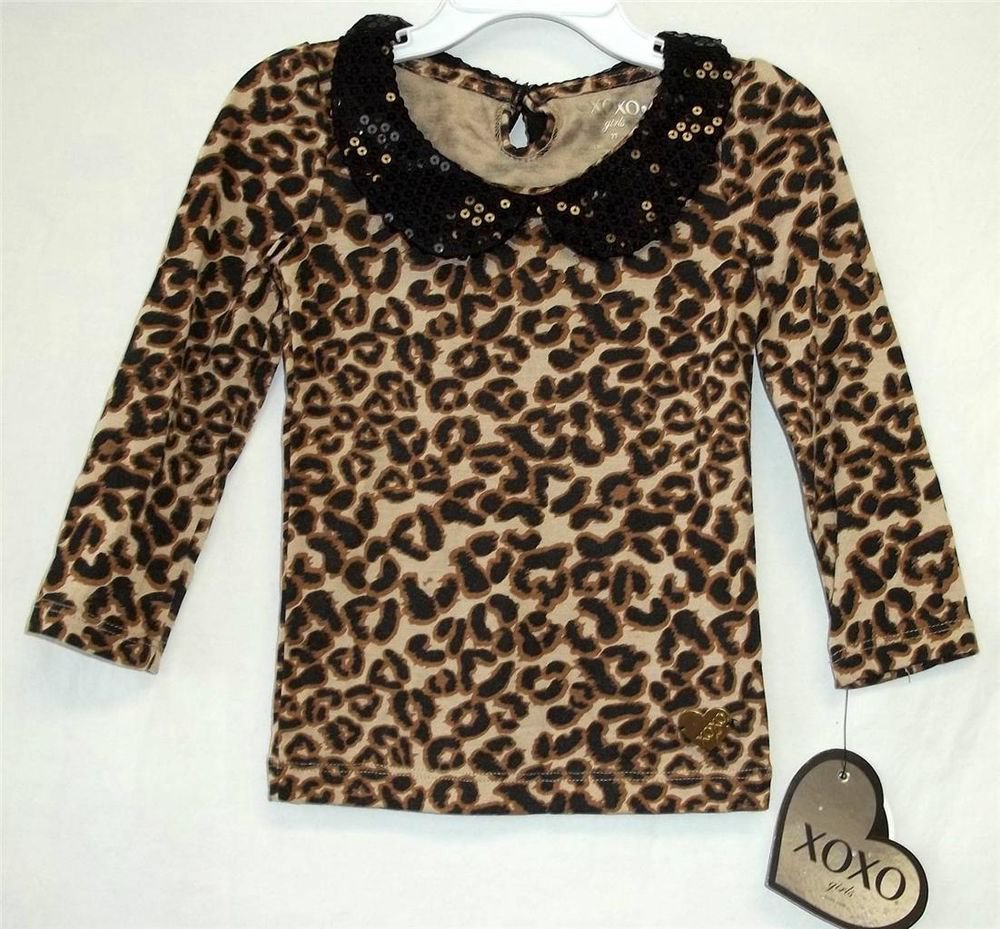 New XOXO Toddler Girl Leopard Print Black Sequin Collar LS Top 2T 3T 4T