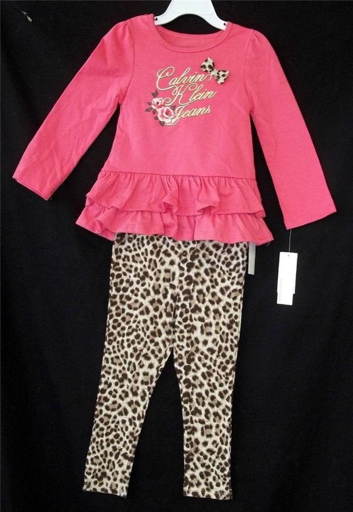 NEW Calvin Klein Jeans 3T 4T Toddler 2 pc Faux Leopard Pants Coral LS Top