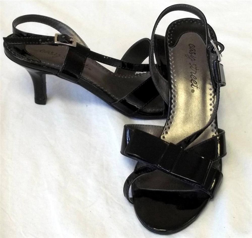Easy Street 6M Medium Black Patent Sling Back Open Toe Flat Bow 2-1/2" Heel Shoe