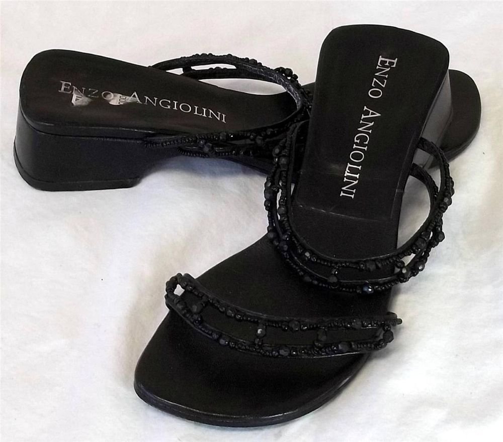 Enzo Angiolini 6M Leather Black Bead Slide In Open Toe 1-1/2" Heel Sandal Shoes