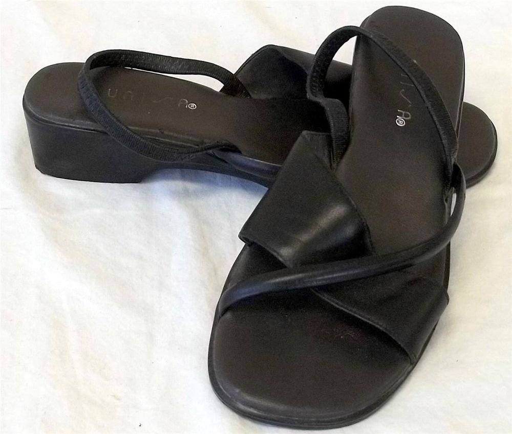 Unisa 5-1/2 M Leather Black Elastic Back Strap Open Toe 1-1/2" Heel Sandal Shoes