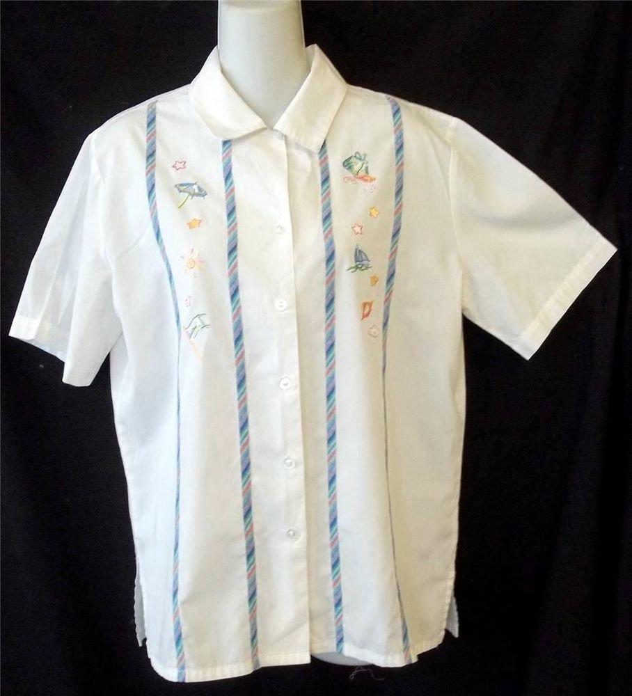 Napa Valley Small 4 6 White Beach Design Button Front Cotton Vintage SS Blouse