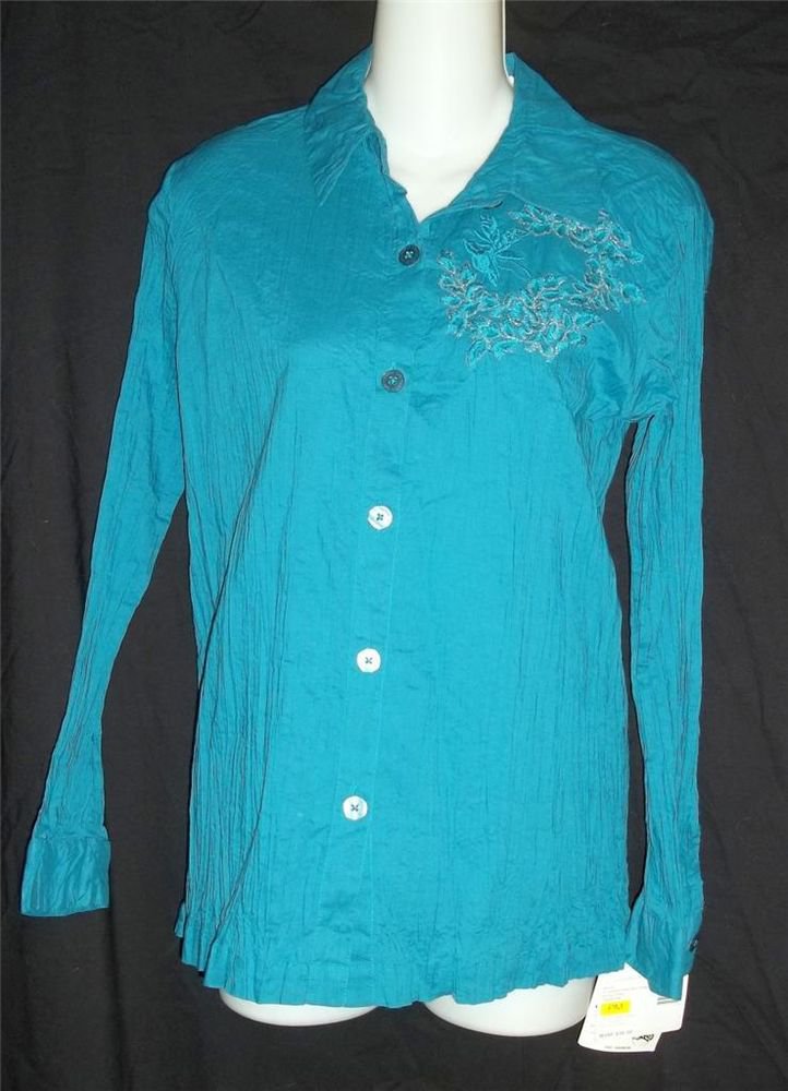 NEW Sag Harbor Petite M 8P 10P Teal Crinkley Cotton Embellished LS Blouse