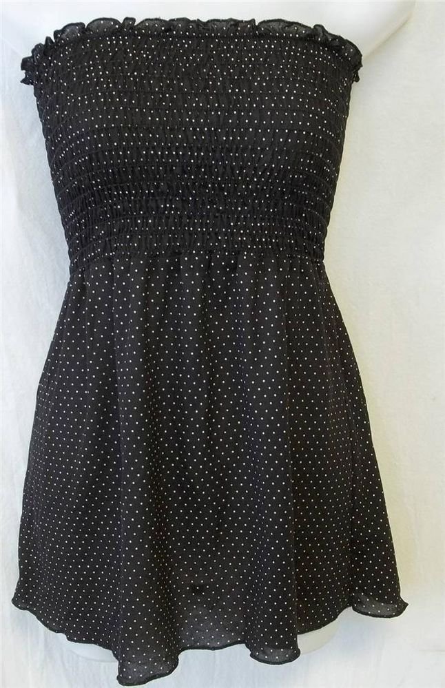 Studio Y Juniors Med 7 9 Black White Polka Dot Strapless Smocked Tube Top Blouse