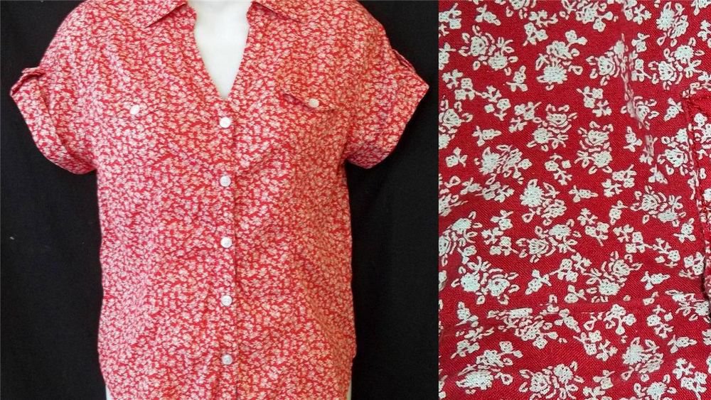 Ninety Small 4 6 Red White Floral Button Front 100% Cotton SS Blouse Top