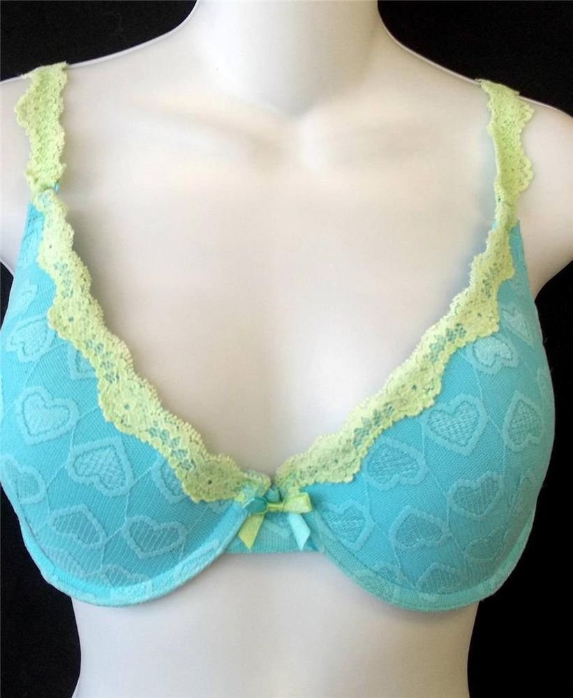 Fruit of the Loom 36D Aqua Blue Green Yellow Lacey Underwire Padded Push Up Bra