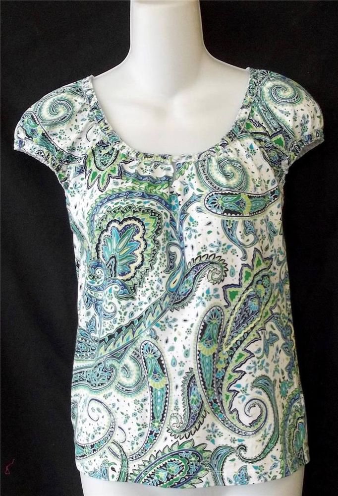 Liz Claiborne Petite PM 8P 10P White Green Blue Paisley Peasant Boho Blouse
