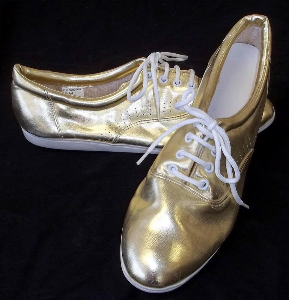 9M B Medium Almond Toe Gold Shiny Lace Up Loafer Sneaker Wedge Comfort Shoes