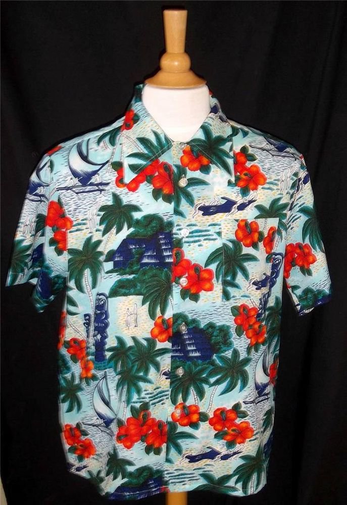 Vintage Waikiki 76 Men's Large Light Blue Red Hawaiian Floral Camp SS Shirt